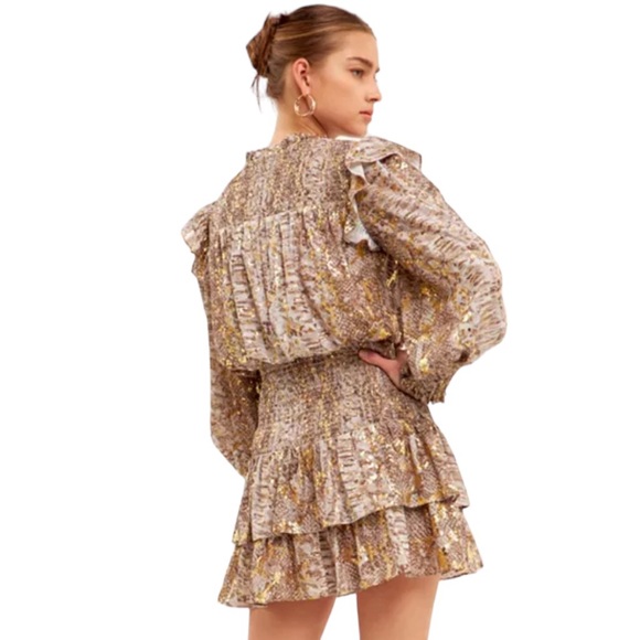 Endless Rose Metallic Animal Print Mini Dress Sz S Gold Ruffles Tier Long Sleeve - Picture 10 of 15